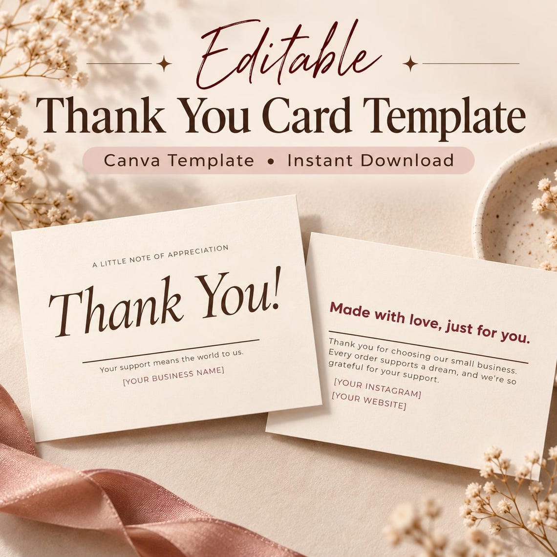Thanks Card Layout Editable Thank You Card Template | Minimalist Luxury Small Business ...