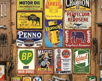 Ensemble d'enseignes vintage en métal pour gaz et pétrole (12) : décoration de garage rustique, 20 x 30 cm
