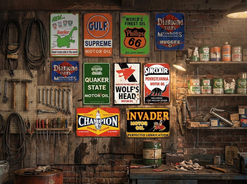 Vintage Gas & Oil Metal Sign Bundle: Rustic Garage Decor, Set of 10 - Etsy