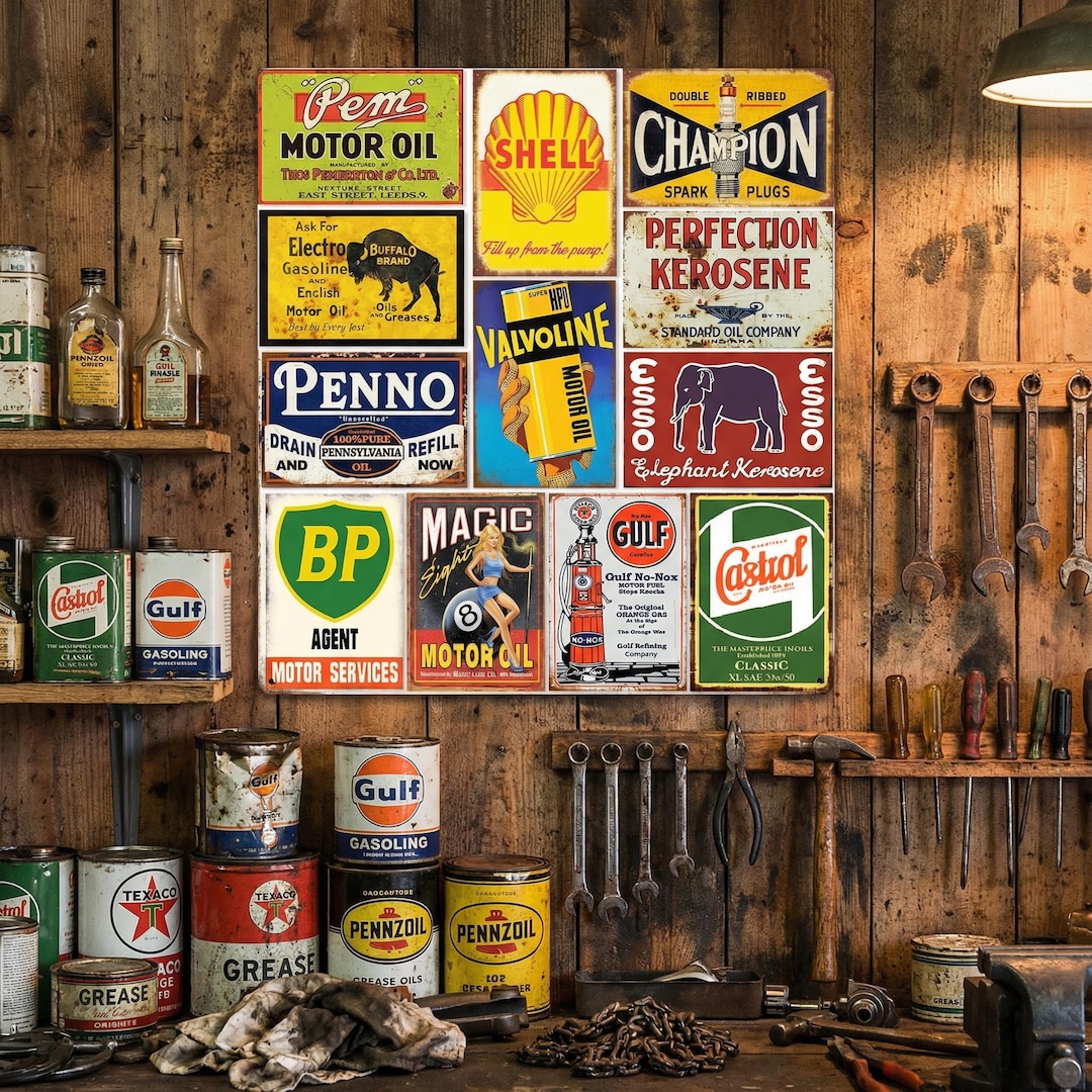Vintage Gas & Oil Metal Signs: Rustic Garage, Man Cave Decor (9 Pcs) - Etsy