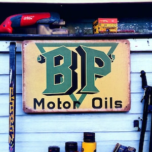 Vintage BP Motor Oil Metal Sign | Automotive signs | Gas & Oil signs | Vintage signs | Mancave | Car Sign | Garage Signs |