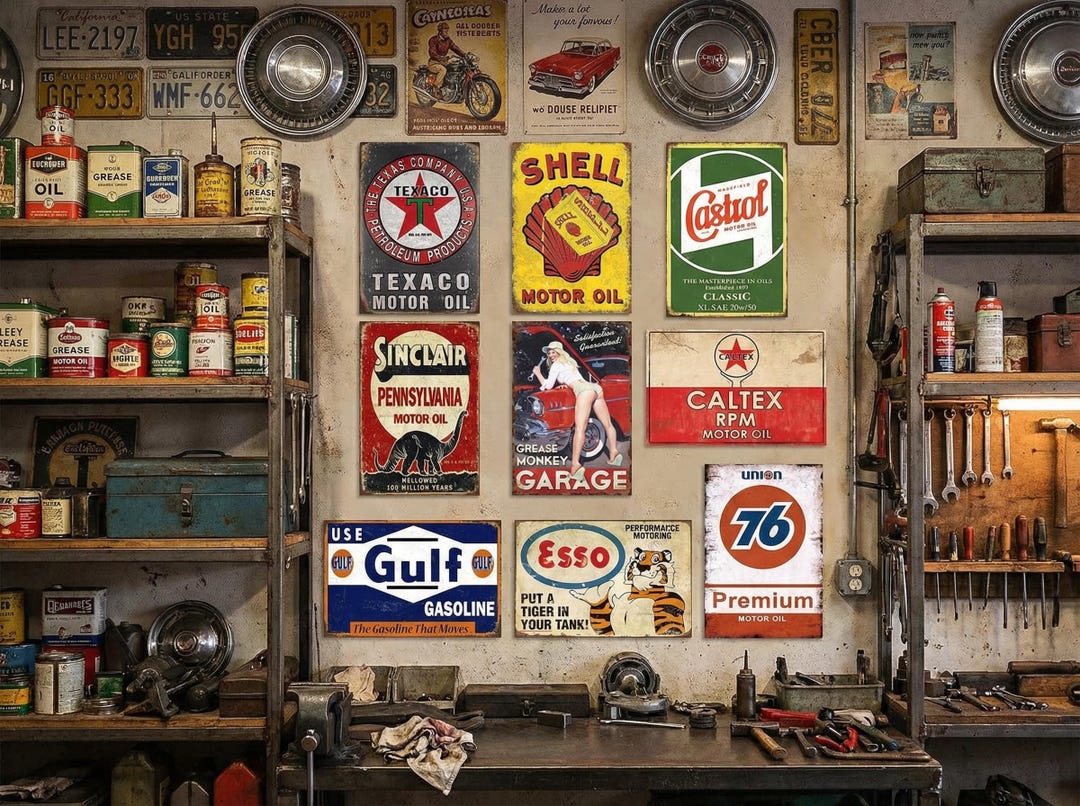 Vintage Gas & Oil Metal Sign Set: Retro Garage Decor, 8x12 Inch (9 Pcs ...