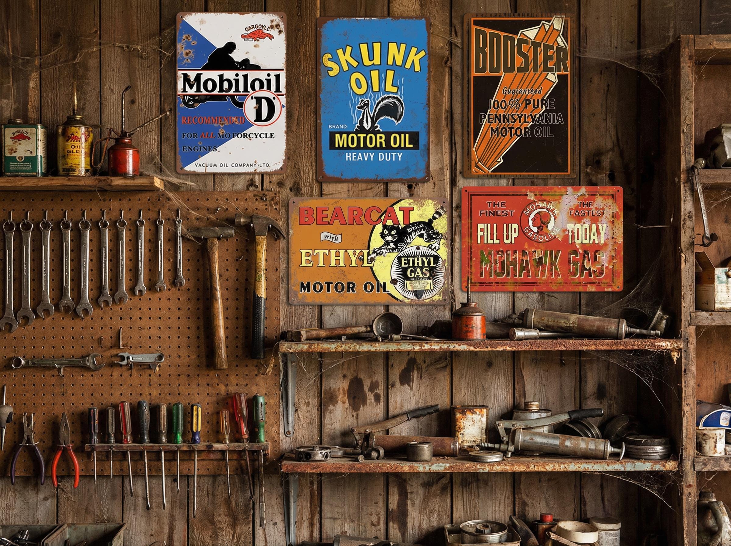 Vintage Gas & Oil Tin Sign Set: Garage, Mancave Decor - Etsy