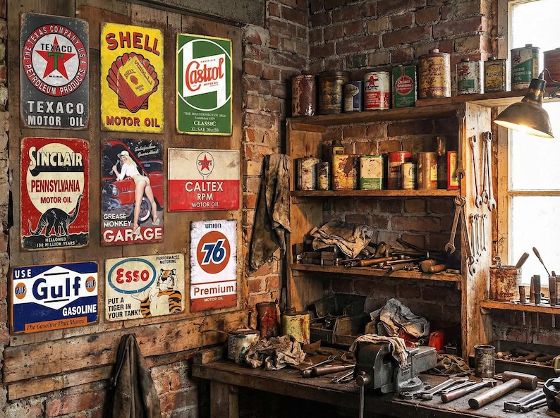 Vintage Gas & Oil Metal Sign Set: Retro Garage Decor, 8x12 Inch (9 Pcs ...