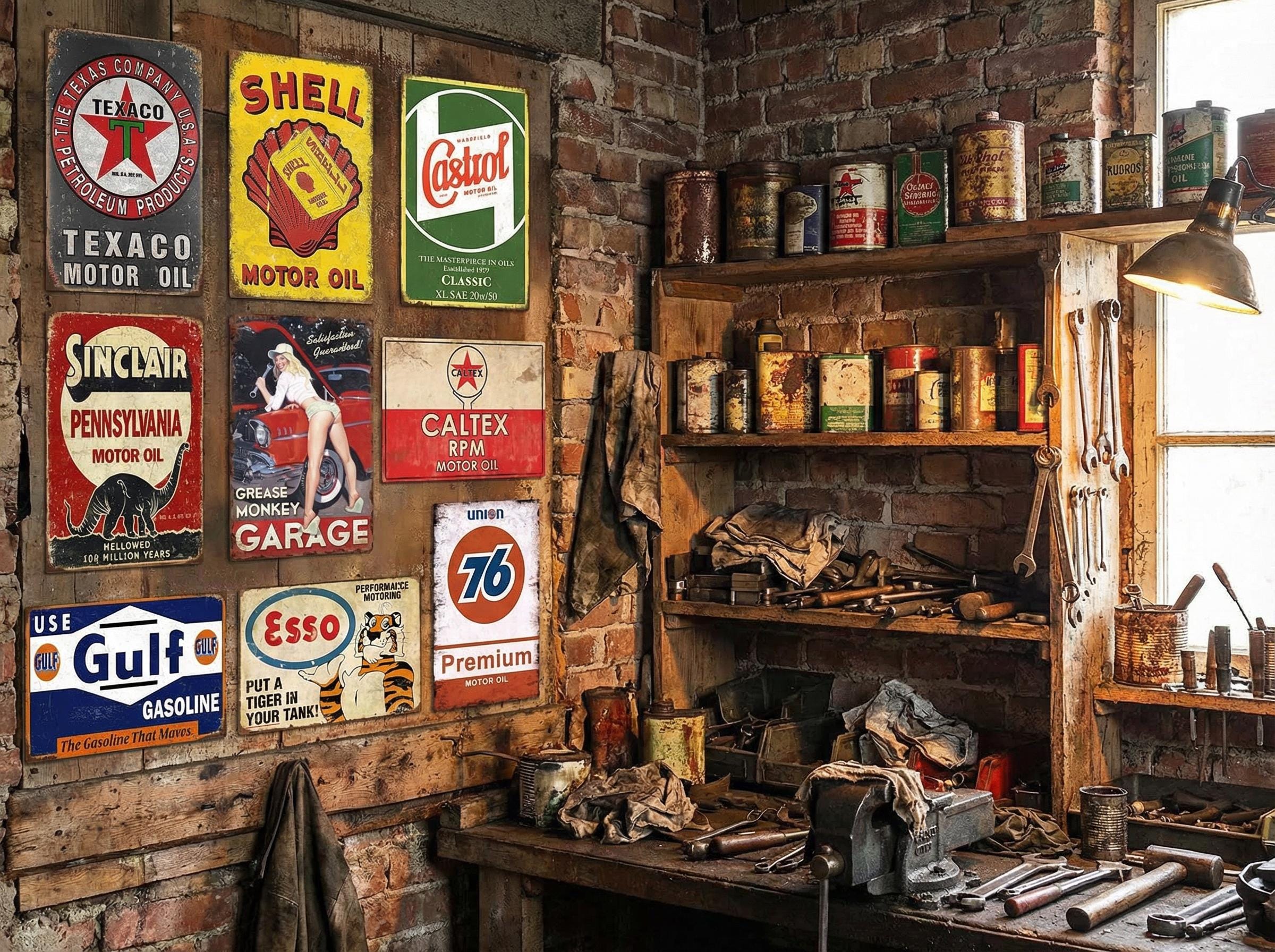 Vintage Gas & Oil Metal Sign Set: Retro Garage Decor, 8x12 Inch (9 Pcs ...