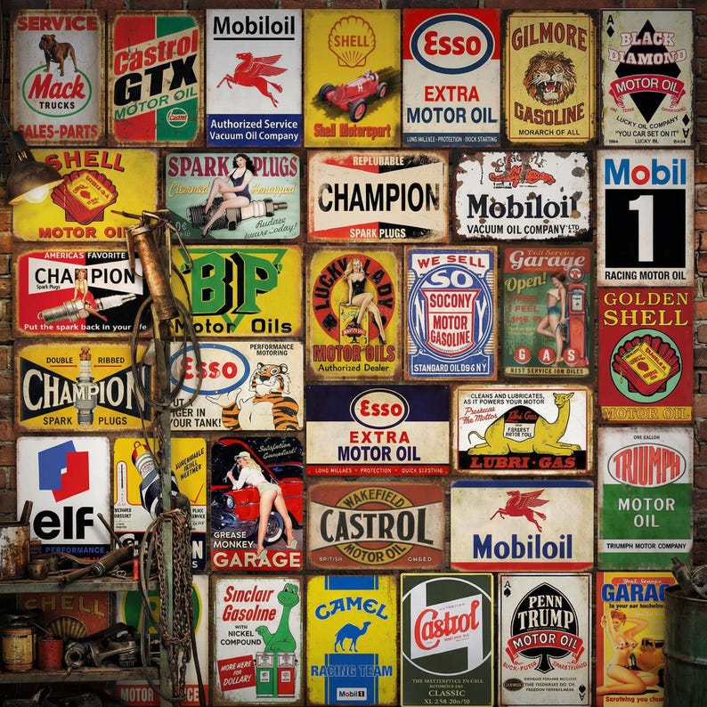 Vintage Gas & Oil Metal Sign Set (35) | Rustic Garage Decor - Etsy