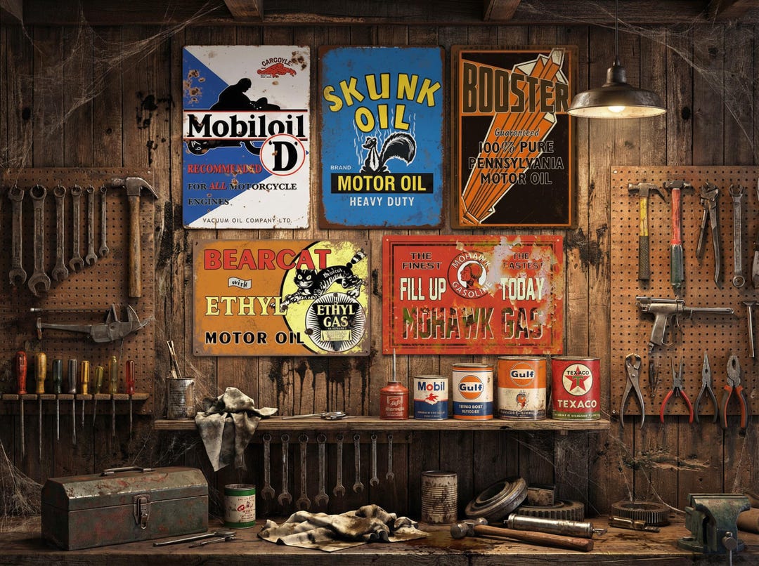 Vintage Gas & Oil Tin Sign Set: Garage, Mancave Decor - Etsy