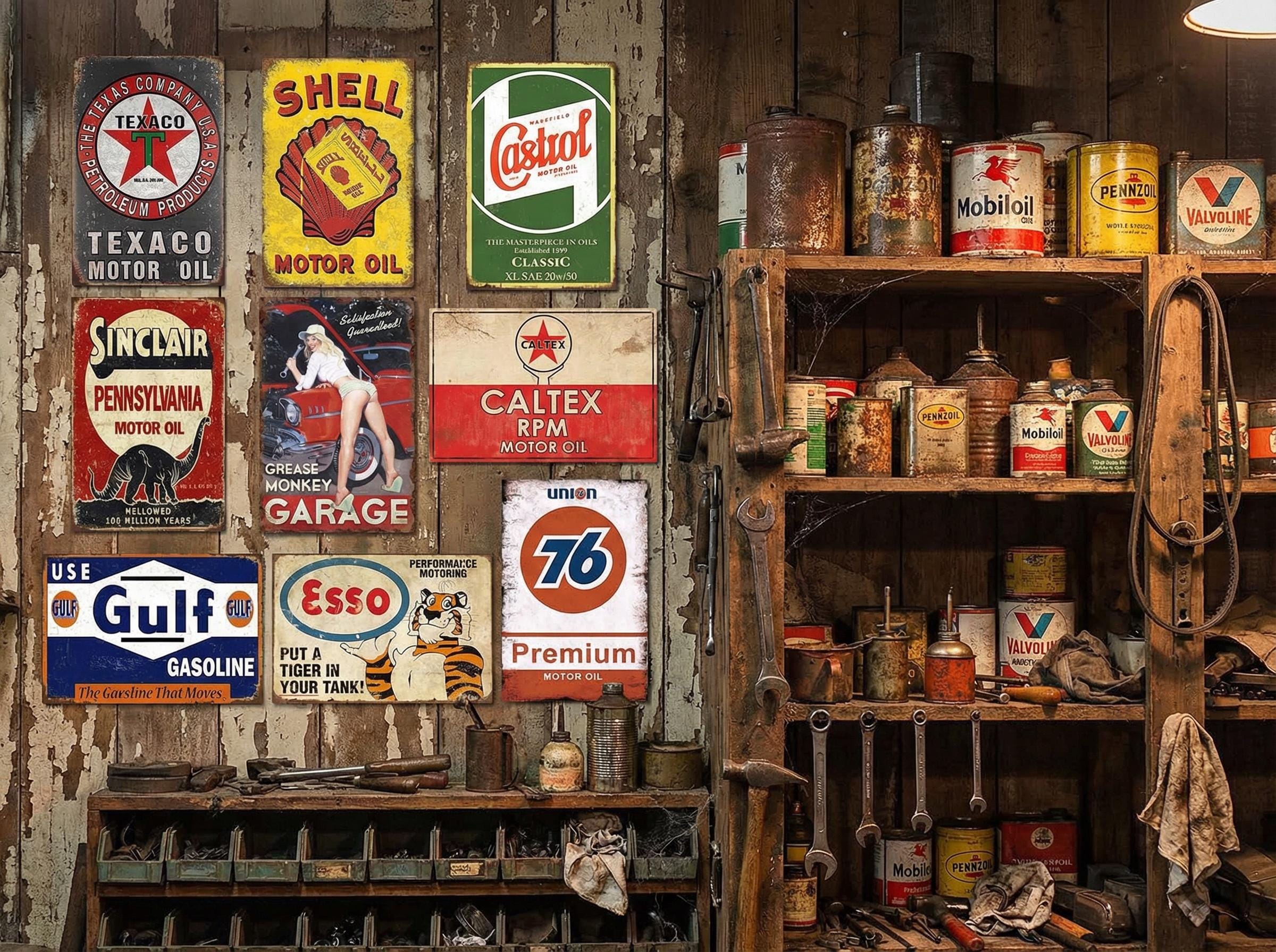 Vintage Gas & Oil Metal Sign Set: Retro Garage Decor, 8x12 Inch (9 Pcs ...