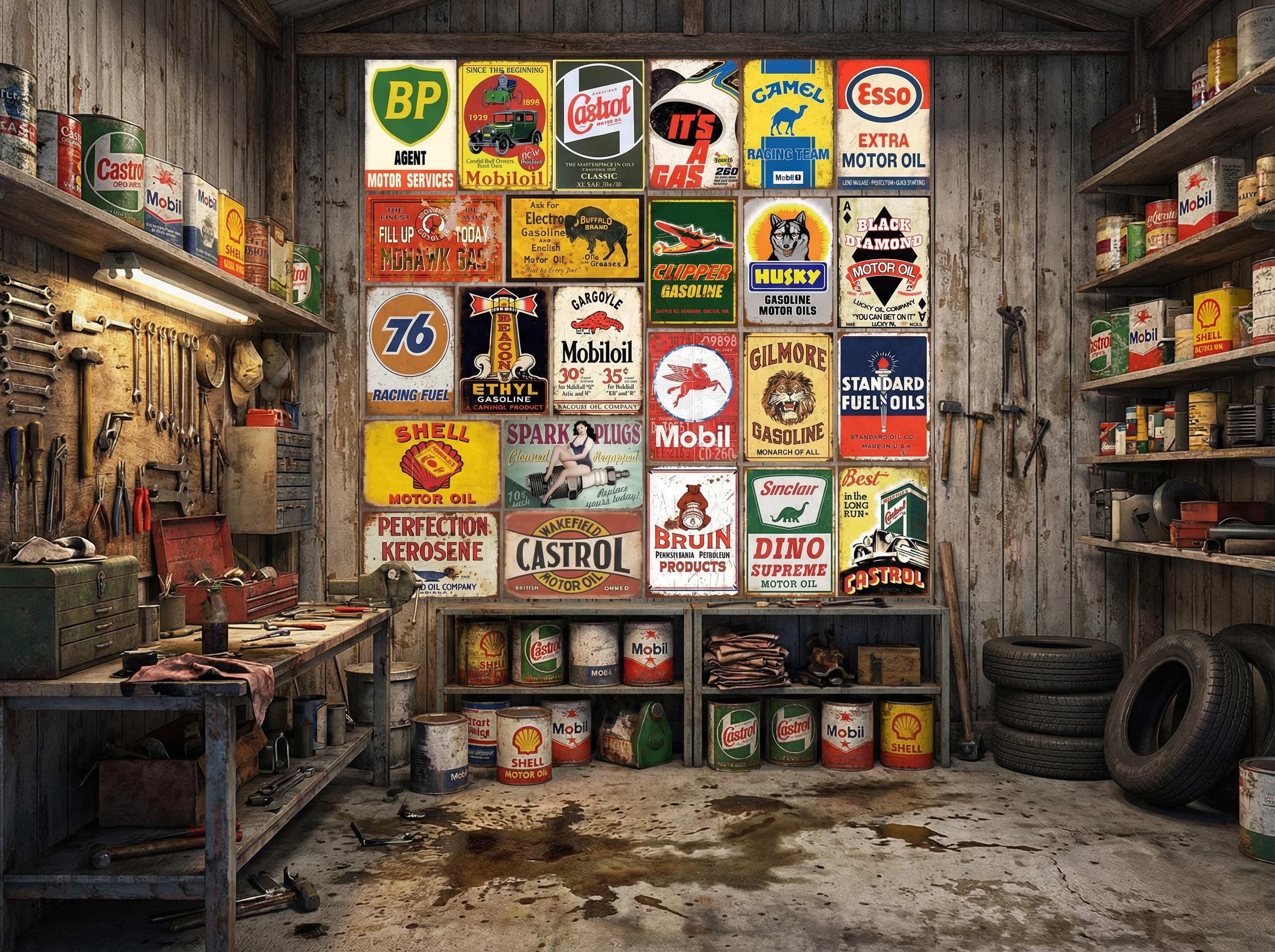 Vintage Gas & Oil Metal Sign Set: 24-piece Rustic Garage Decor - Etsy