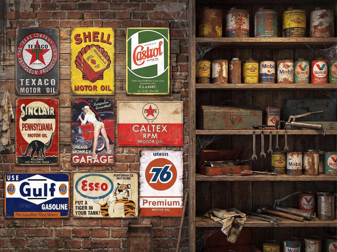 Vintage Gas & Oil Metal Sign Set: Retro Garage Decor, 8x12 Inch (9 Pcs ...