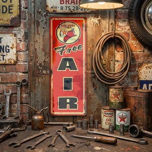 May include: A rustic workshop scene with a red and black "Free Air" sign and a Fire-Chief Gasoline logo. The image shows tools, oil cans, and a coiled hose on a worn workbench, creating a classic garage atmosphere.