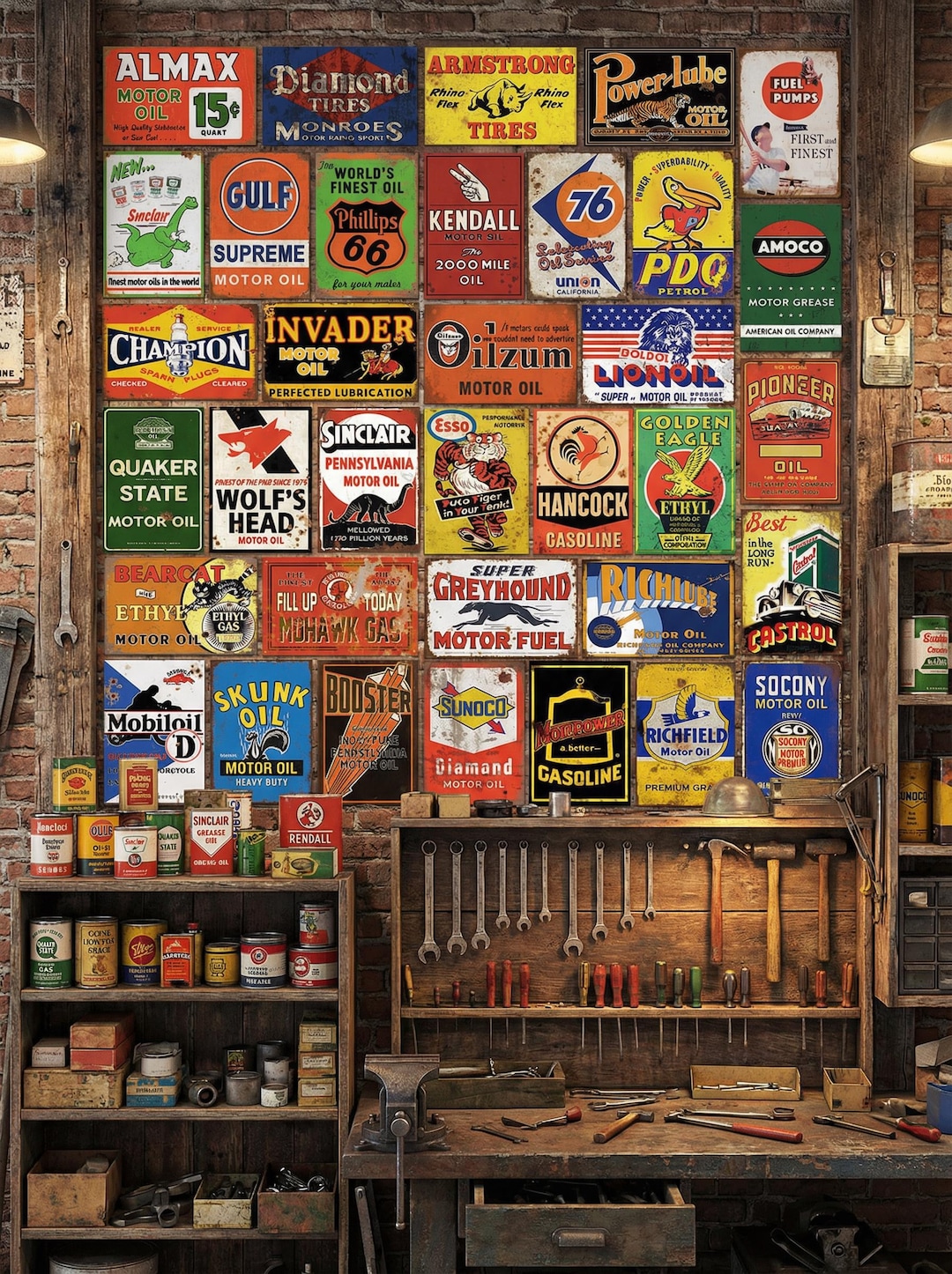 Vintage Gas & Oil Metal Sign Set: Man Cave Garage Decor (35 Pieces