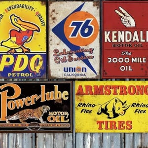 Vintage Gas & Oil Signs Bundle - PDQ, 76 Racing, Kendall, Power Lube | Automotive signs | Vintage signs | Mancave | Car Sign | Garage Sign