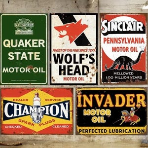 Vintage Gas & Oil Signs Bundle - Sinclair, Quaker, Champion, Invader | Automotive signs | Vintage signs | Mancave | Car Sign | Garage Sign