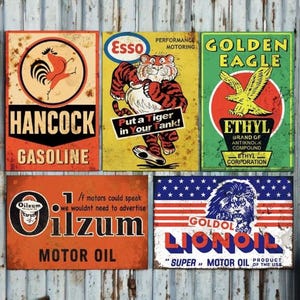 Vintage Gas & Oil Signs Bundle - Hancock, Esso, Golden Eagle, Oilzum | Automotive signs | Vintage signs | Mancave | Car Sign | Garage Sign