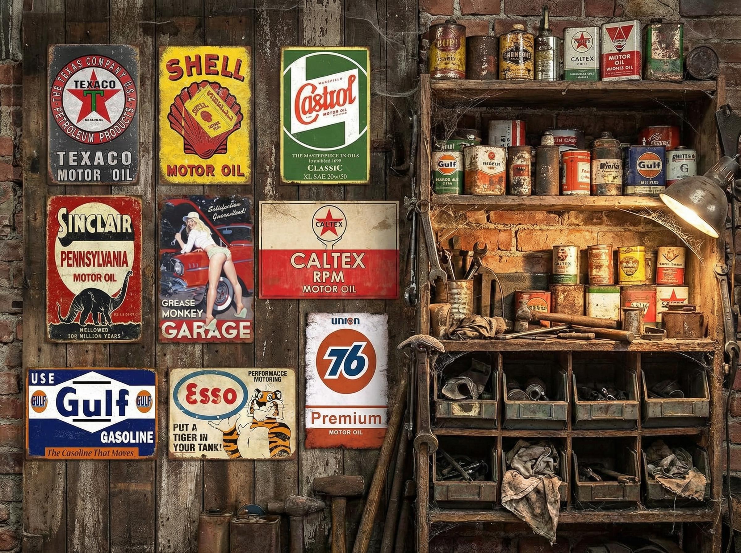 Vintage Gas & Oil Metal Sign Set: Retro Garage Decor, 8x12 Inch (9 Pcs ...
