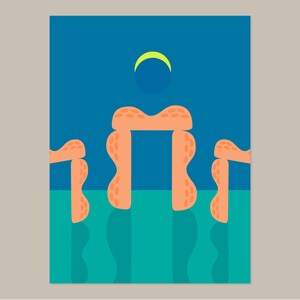 May include: Abstract digital art print featuring a stylized landscape. The artwork showcases a blue sky with a yellow crescent moon and a central orange structure resembling a portal or archway. The lower portion has teal stripes.