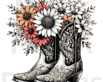 Cowgirl Boot PNG, Coastal Cowgirl Boots, Retro flower Png, Boho Western Png, Floral Png, Digital download