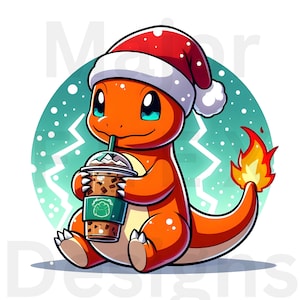 May include: An orange cartoon character wearing a Santa hat, holding a coffee drink with a green and white logo. The character has a flame on its tail and is set against a teal and white background with a Christmas tree design.