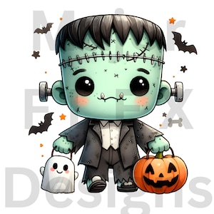 K&ouml;nnte beinhalten: Cartoon-Illustration von Frankensteins Monster, das einen Geist und eine K&uuml;rbislaterne h&auml;lt. Das Monster ist gr&uuml;n mit schwarzen Haaren und Stichen. Flederm&auml;use und Sterne sind um das Bild verstreut, mit dem Text "Mr. Flax Designs" im Hintergrund.