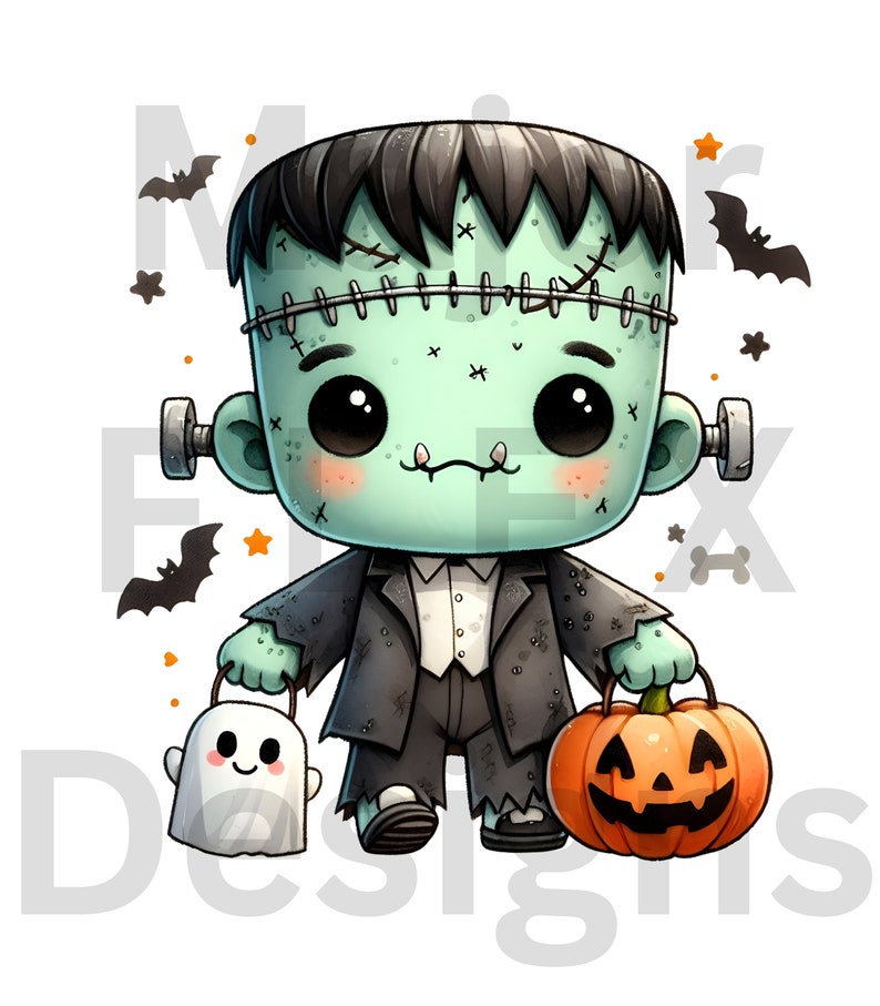 K&ouml;nnte beinhalten: Cartoon-Illustration von Frankensteins Monster, das einen Geist und eine K&uuml;rbislaterne h&auml;lt. Das Monster ist gr&uuml;n mit schwarzen Haaren und Stichen. Flederm&auml;use und Sterne sind um das Bild verstreut, mit dem Text "Mr. Flax Designs" im Hintergrund.