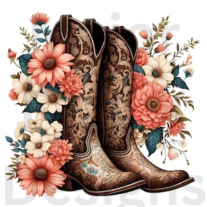 May include: A pair of brown cowboy boots with intricate floral designs, surrounded by a bouquet of pink, white, and peach flowers.