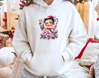 Jul Betty Boop-hoodie, 90-talshoodie, hoodie för flickor, julkläder, vintage tecknad julfigur, present till henne, söt Betty Boop