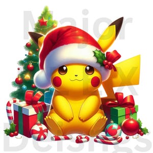 May include: A yellow Pikachu character wearing a red Santa hat with white trim, surrounded by Christmas gifts, baubles, and a decorated tree. The image has a festive holiday theme with candy canes and red bows.