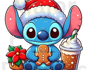 Könnte beinhalten: Cartoon-Illustration eines blauen Alien-Charakters mit Weihnachtsmütze, der einen Lebkuchenmann hält und neben einem Weihnachtsstern und einem Kaffeegetränk mit Schlagsahne sitzt. Die Figur hat große schwarze Augen und rosa Ohren.