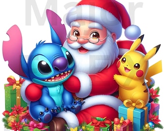 May include: A festive illustration featuring Santa Claus, Stitch, and Pikachu. Santa wears a red suit and hat, with Stitch in blue and Pikachu in yellow. Colorful wrapped gifts and Christmas ornaments surround them, creating a cheerful holiday scene.