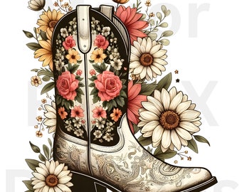 Coastal Cowgirl Floral Boots PNG, Retro Flower PNG, Coastal Fall Girl PNG, Floral Png, Digital Download