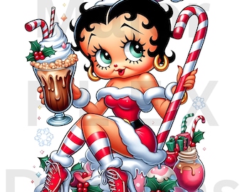 Betty Boop Christmas Clipart Design, Betty Boop Iced Coffee PNG, Betty Boop Hot Chocolate Sublimation, Candy Cane PNG, Betty Boop Holiday