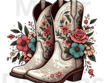 Coastal Cowgirl Floral Boots PNG, Retro Flower Png, Boho Western Png, Floral Png, Digital download, Fall Fashion Sweatshirt, Vintage Design