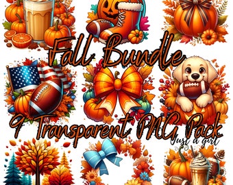 May include: A digital clipart bundle of 9 fall-themed images. The images include pumpkins, footballs, a dog, a coffee cup, a bow, a wreath, and a fall-themed tree. The images are transparent PNG files.