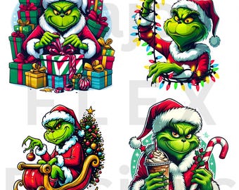 The Grinch Christmas PNG 4-Pack, Grinch Coffee Lovers Design, Grinch Candy Cane PNG, Grinch Christmas Sleigh PNG, Holiday Grinch Pack