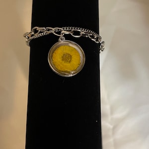 Yellow pressed flower bracelet in silver