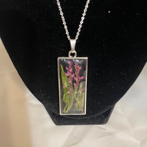 Purple pressed flower necklace in silver