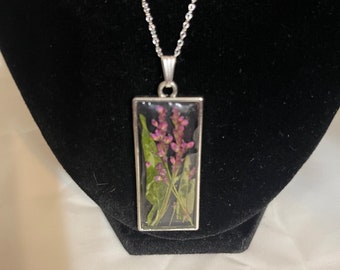 Purple pressed flower necklace in silver