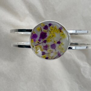 Real pressed flower cuff style bracelet in silver