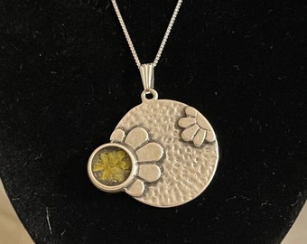 Silver Pressed Flower/Crushed Glass Necklace