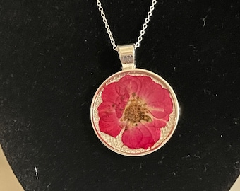 Red pressed flower silver necklace