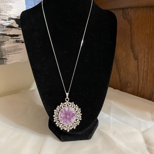 Antique Silver purple pressed flower pendant necklace