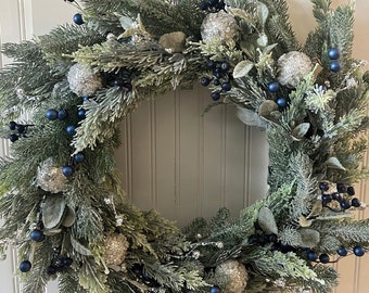 New Years winter wreath, with Juniper and Pine mix embellished with blueberries, Gold ornaments and iced beads, Christmas Wreath,