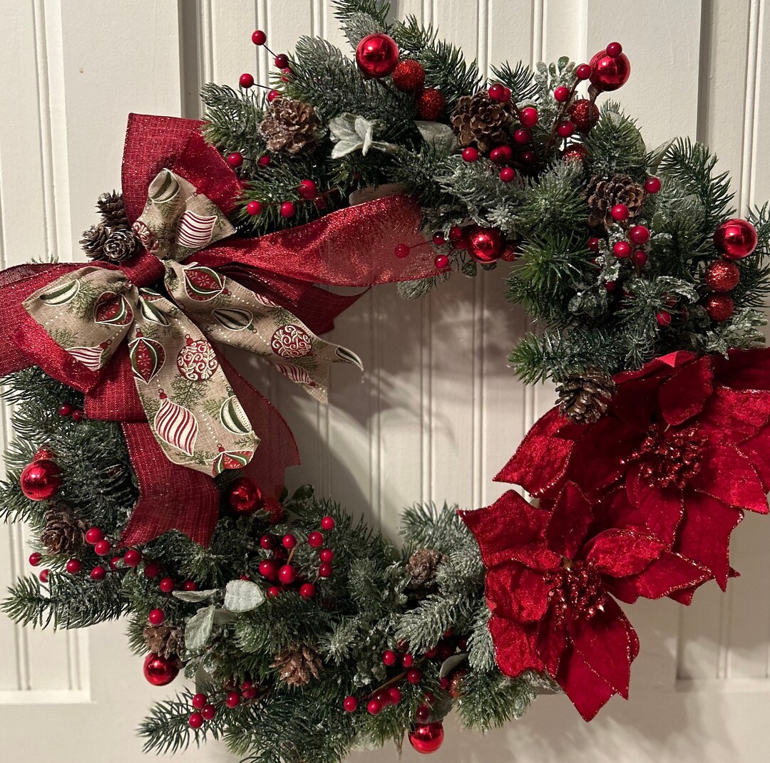 Poinsettiaspine Mix and Bow Christmas Wreath Poinsettia - Etsy
