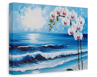 Lienzo de orquídeas Ocean Bliss: decoración para casa de playa costera