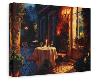 Canvas Wall Art, Cozy Cafe Evening Scene | Home Decor, Gift for Coffee Lovers, Romantic Decor, Original Artwork