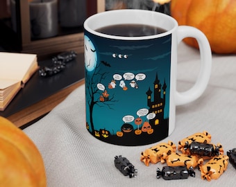 Halloween Ceramic Mug, Spooky Ghosts and Pumpkins, Fall Coffee Cup