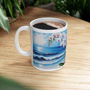 Ocean Bliss Ceramic Mug  Floral Beach Design for Coffee Lovers, Tropical Gift, Beach House Decor, Relaxation Vibes, Ocean Lover&#39;s Cup