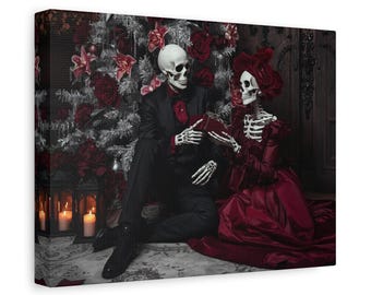 May include: A canvas print featuring a skeletal couple in formal attire, seated near a decorated Christmas tree. The man wears a black suit, and the woman is in a red dress. The scene is illuminated by candlelight, creating a gothic holiday theme.