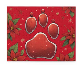 Puede incluir: Un rompecabezas rojo con una huella de pata estilizada con un contorno blanco. El rompecabezas está decorado con flores de pascua y copos de nieve. La huella de la pata es un diseño festivo.